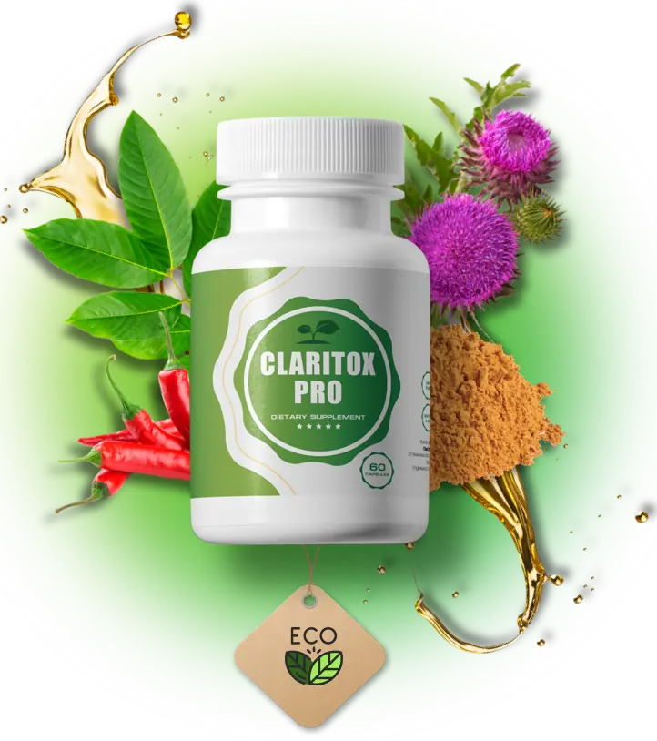 Claritox Pro dietary supplement bottle surrounded by natural ingredients including green tea leaves, milk thistle, cayenne pepper and Korean ginseng root